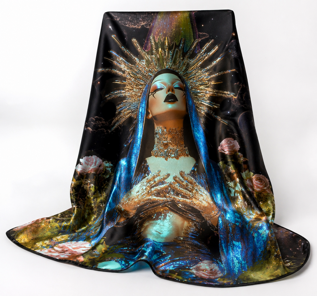 Luxury silk scarf draped to display a radiant feminine figure with a golden halo, blue veil, and celestial background, featuring roses and cosmic details.