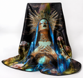 Luxury silk scarf draped to display a radiant feminine figure with a golden halo, blue veil, and celestial background, featuring roses and cosmic details.