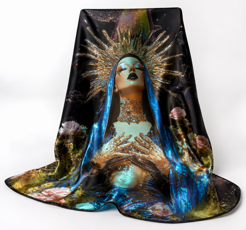 Luxury silk scarf draped to display a radiant feminine figure with a golden halo, blue veil, and celestial background, featuring roses and cosmic details.