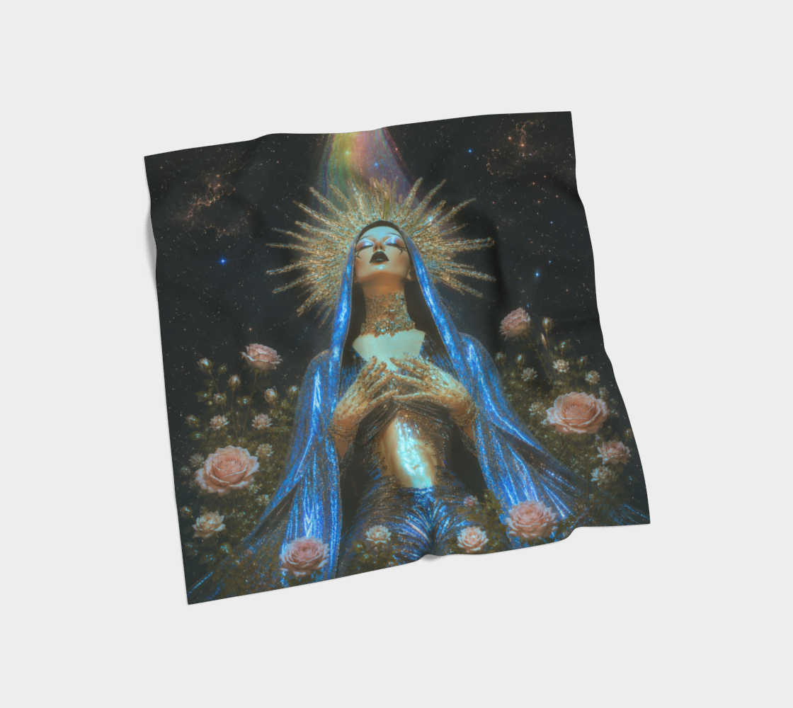 Luxury silk scarf laid flat, featuring a sacred feminine figure with a radiant gold halo, blue veil, roses, and a celestial night sky background.
