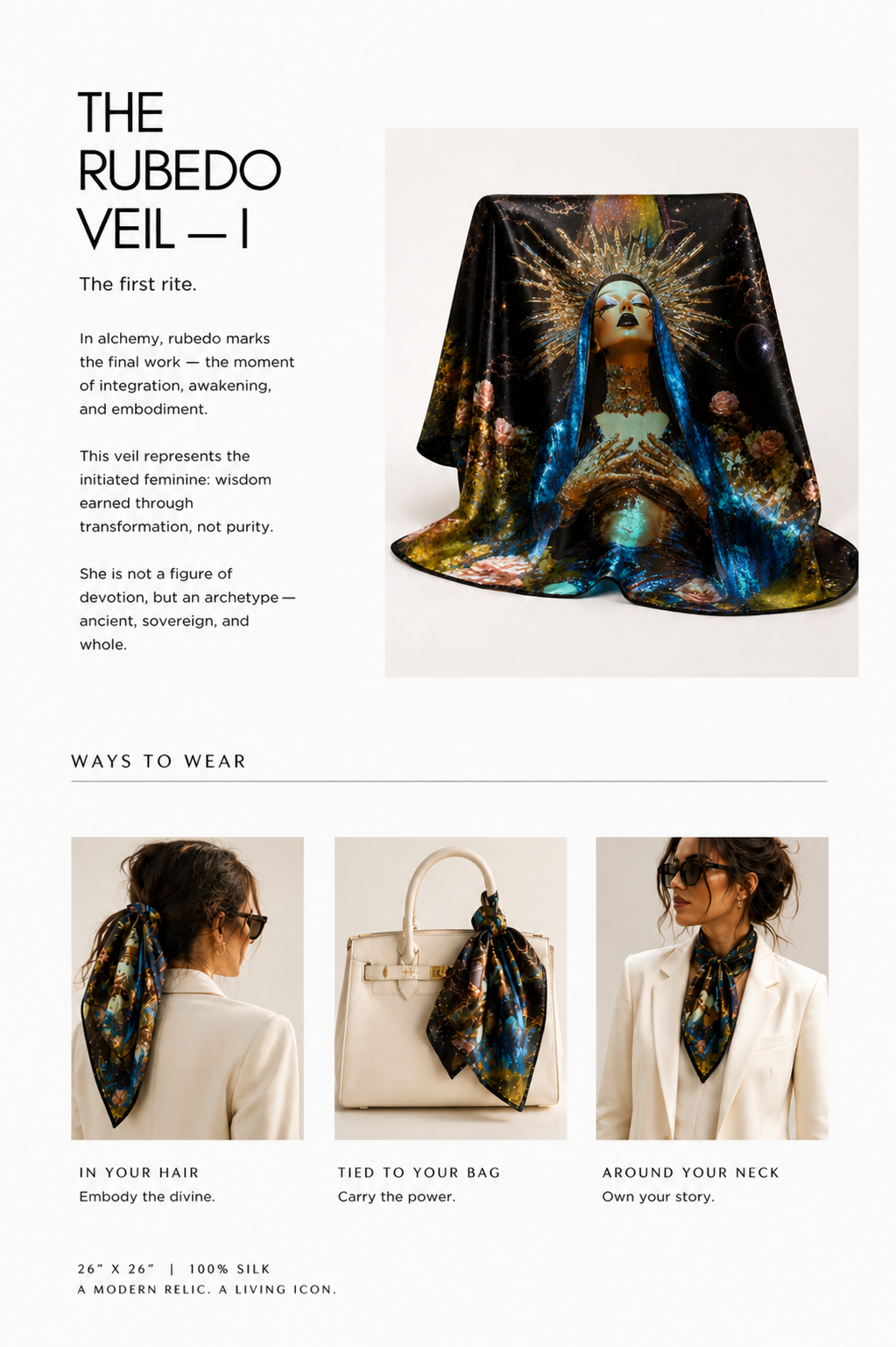 Luxury silk scarf product page for “The Rubedo Veil I,” showing the artwork draped, symbolic description text, and three styling options.