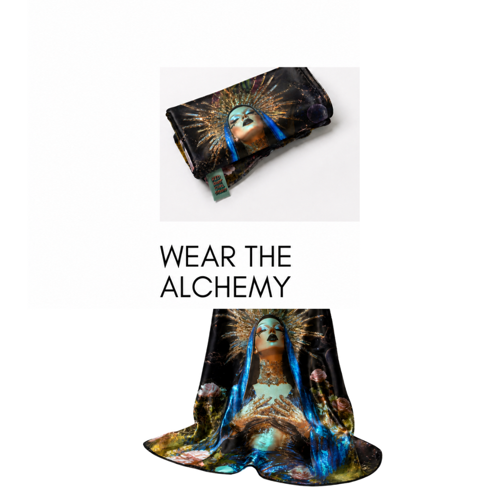 Luxury silk scarf featuring a radiant feminine figure with a golden halo on a dark celestial background, shown folded and draped beneath the text “Wear the Alchemy.